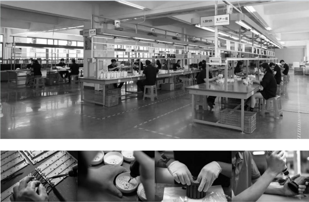 I.SHA Lighting LED production workshop with assembly lines and manual quality inspection