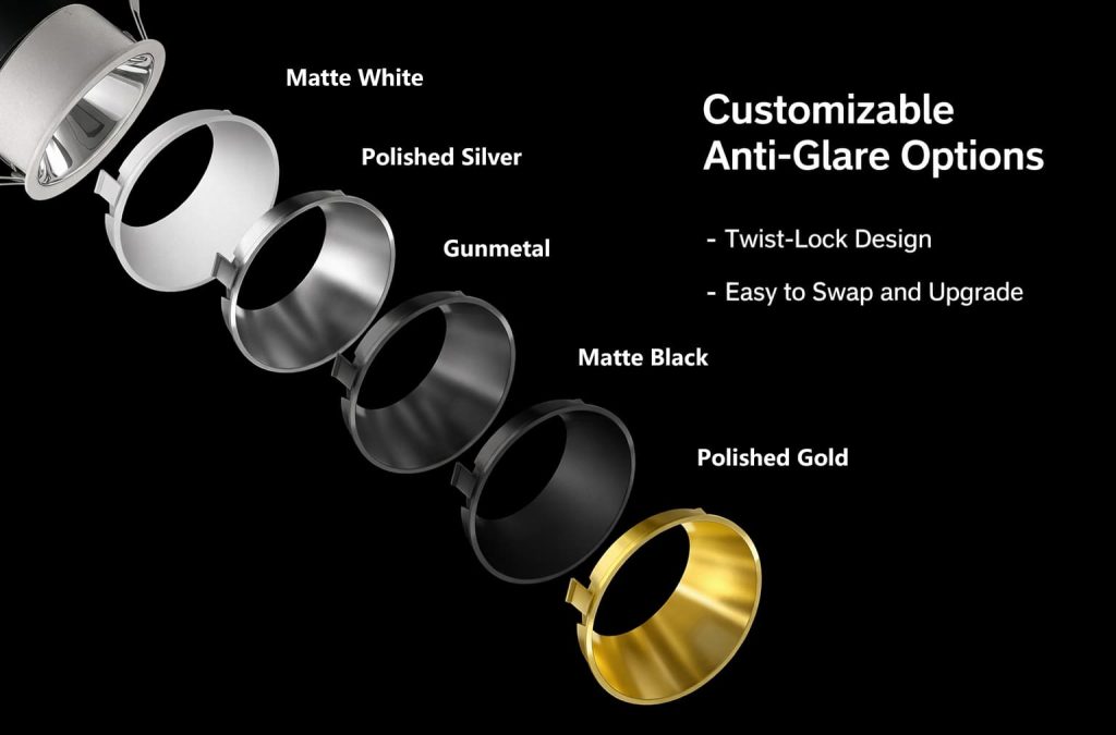 Modular anti-glare trim options for KX3062 LED downlight including matte white, polished silver, gunmetal, matte black and polished gold finishes