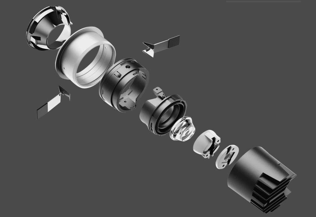 Exploded structure diagram of KX3062 modular LED downlight showing internal components and optical system