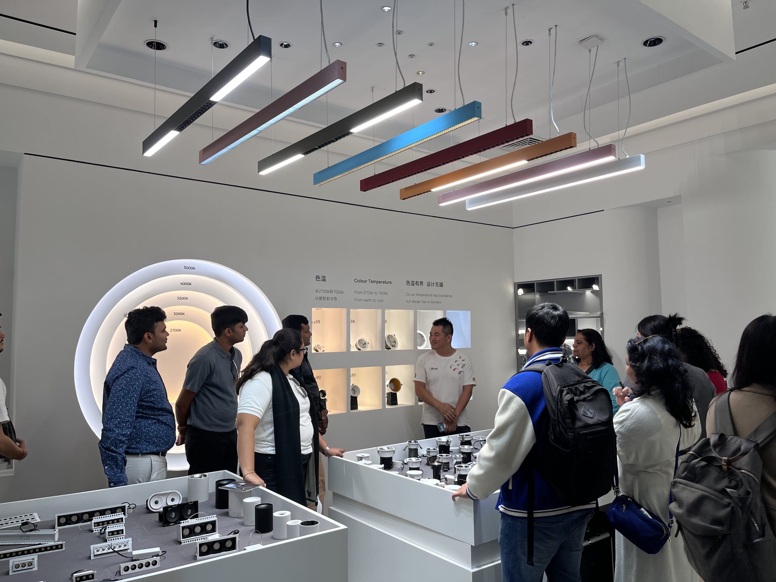 Indian clients visiting the ISHA Lighting showroom to review commercial LED lighting products
