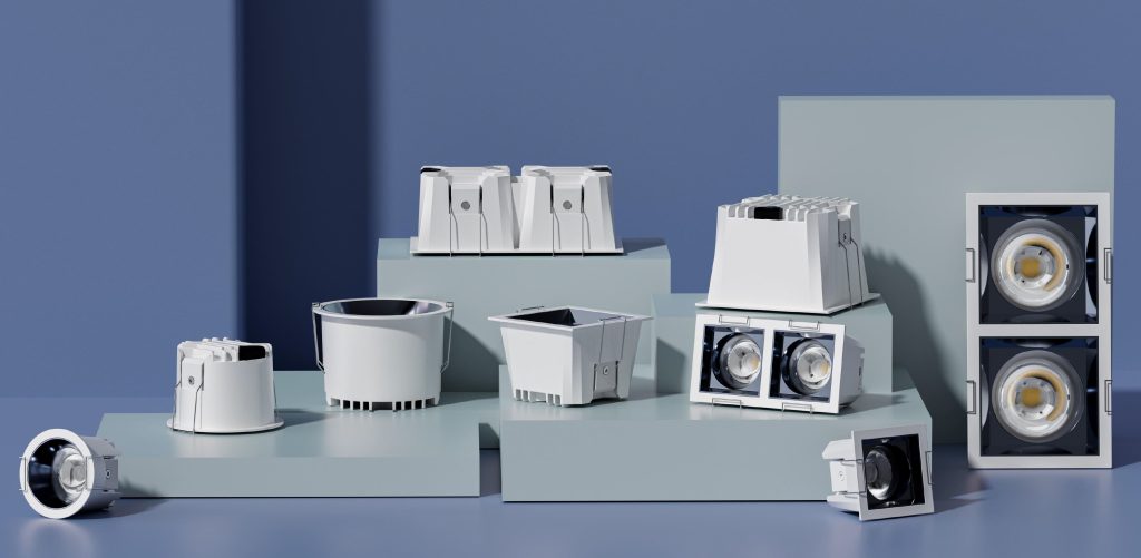 KX3132 Fixed Anti-Glare LED Downlight for Architectural Lighting KX3132 series fixed anti-glare LED downlights showing all round and square models with single and double head configurations