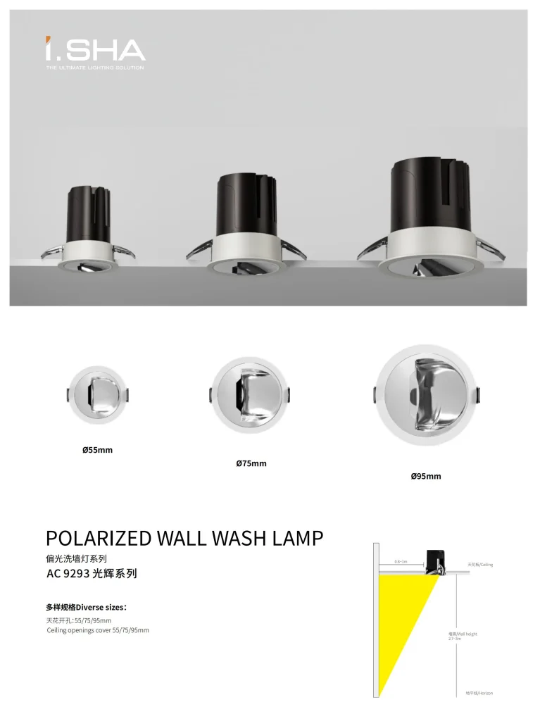 AC9293 LED wall wash lamp with different sizes and wall washer lighting installation diagram