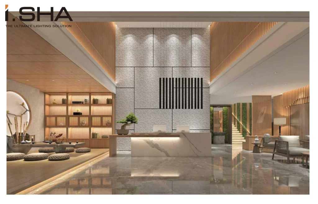 KX3062 adjustable ceiling spotlight used in hotel lobby lighting project with warm ambient lighting