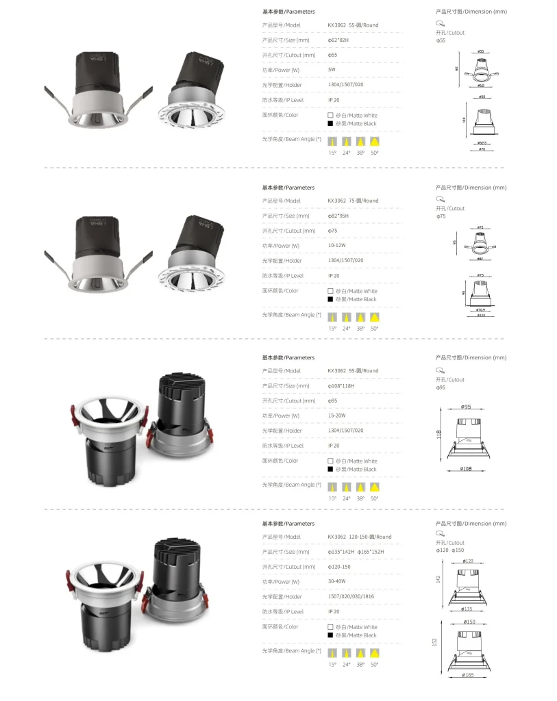 KX3062 adjustable ceiling spotlight specifications showing dimensions cutout size power and beam angle options