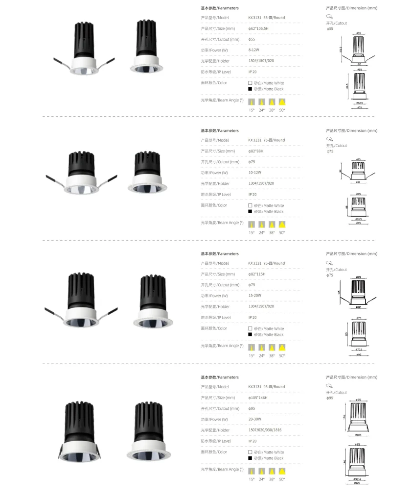 KX3131 LED spotlight dimensions and specifications showing cutout size power options and beam angles
