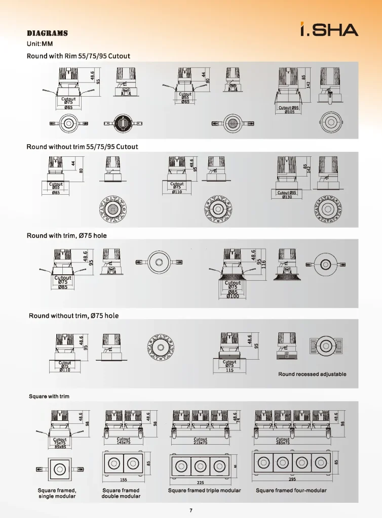 Yijia ceiling spotlight dimensions and cutout size diagram with detailed installation specifications