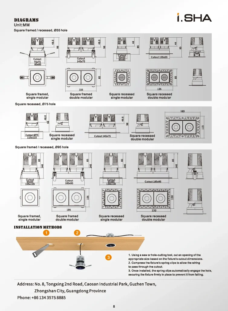 Yijia ceiling spotlight installation guide showing cutout process wiring and spring clip mounting steps