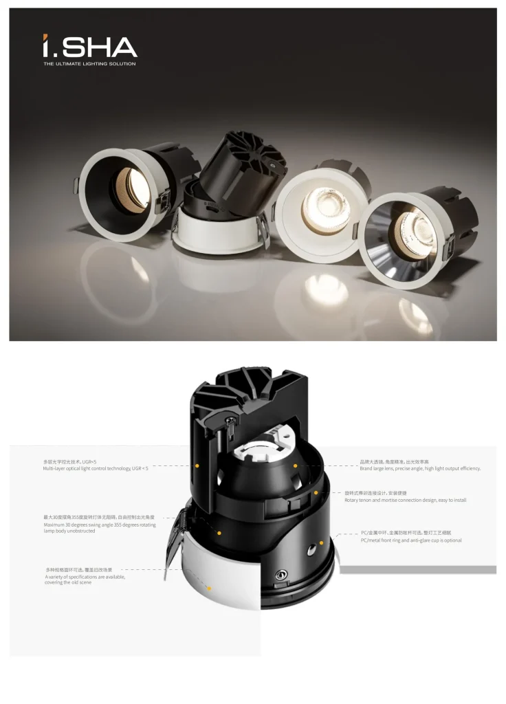 AC9294 anti glare spotlight with adjustable structure, optical control system, reflector cup options, and high lumen lighting performance