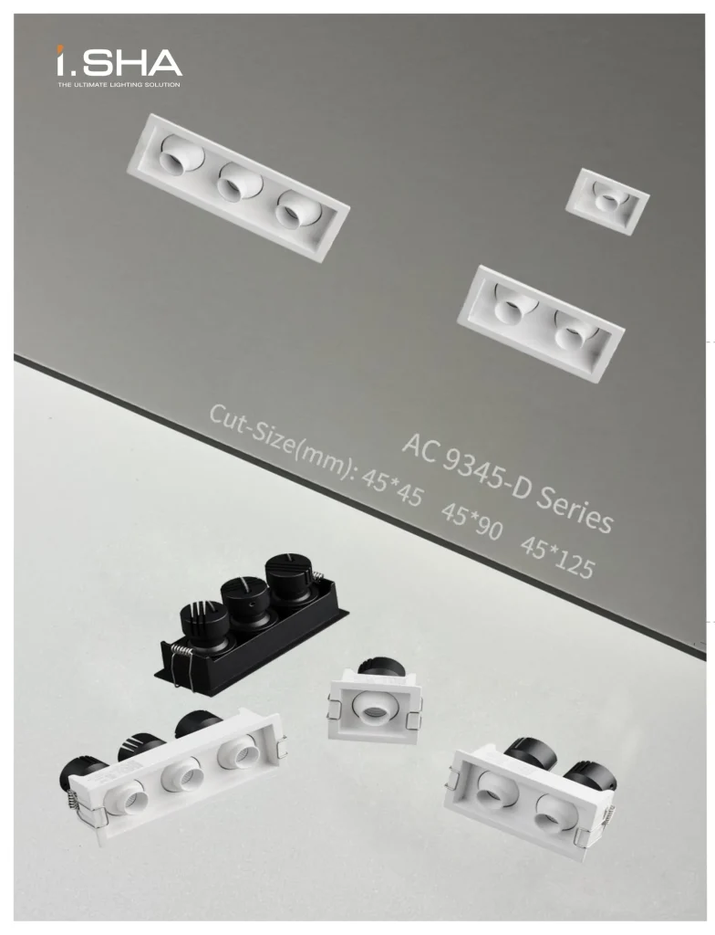 AC9345-D square mini recessed downlight series with single, double and triple head options, 45x45, 45x90 and 45x125 cutout sizes