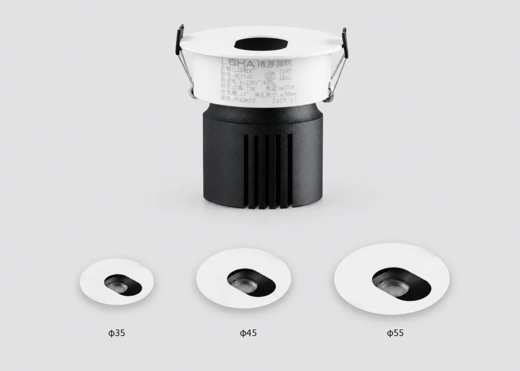 AC9345 mini recessed downlight with Ø35, Ø45 and Ø55 round size options, small aperture design, white trim and black heat sink