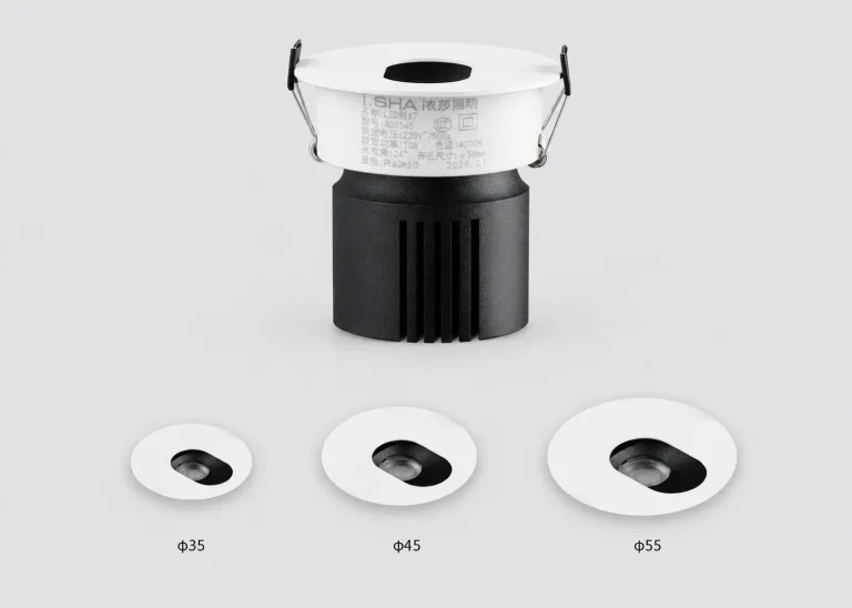 AC9345 mini recessed downlight with Ø35 Ø45 and Ø55 round size options small aperture design white trim and black heat sink