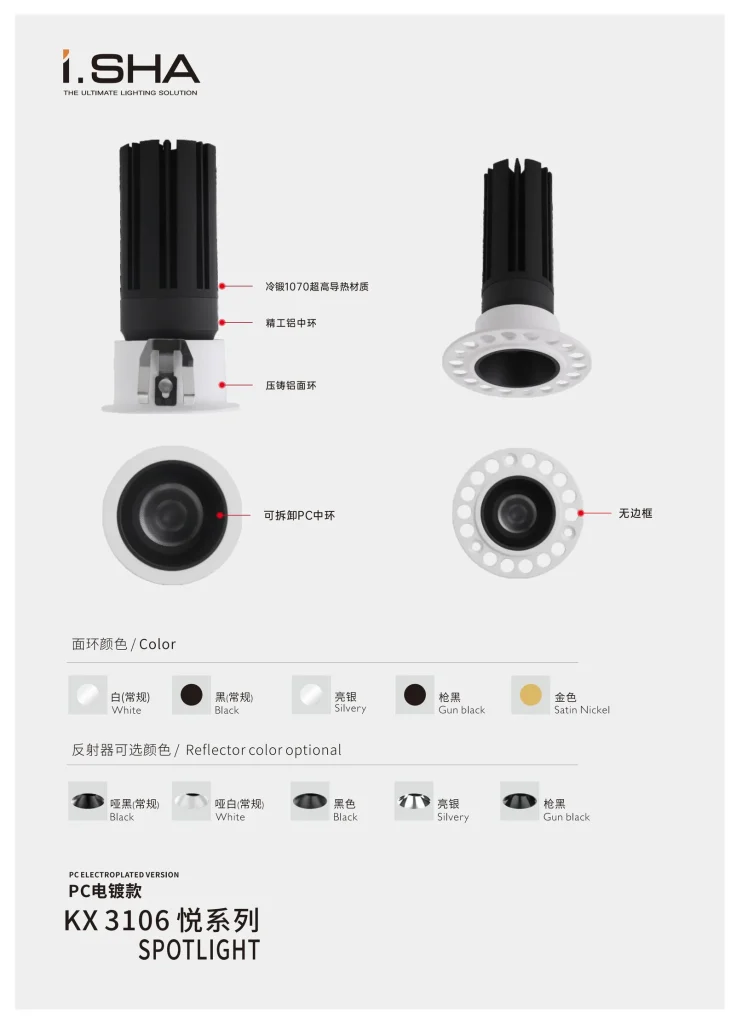 KX3106 PC electroplated mini spotlight with removable PC ring, trimless design, face ring colors, and optional reflector finishes