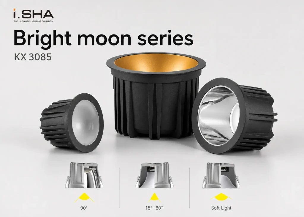 KX3085 bright moon downlight supplier China series with 90 degree 15-60 degree and soft light optical options