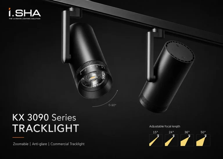 KX3090 commercial tracklight with zoomable anti glare design and 0 to 90 degree adjustable angle